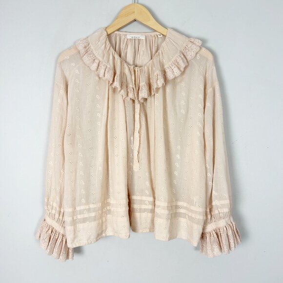 Doen Tops - Doen Etta Pink Embroidered Eyelet Top Ruffle Neck Size Small Women's